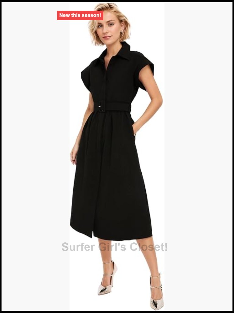 Women Casual Button Down Shirt Dress Short Wing Sleeve Midi Dress With Belt